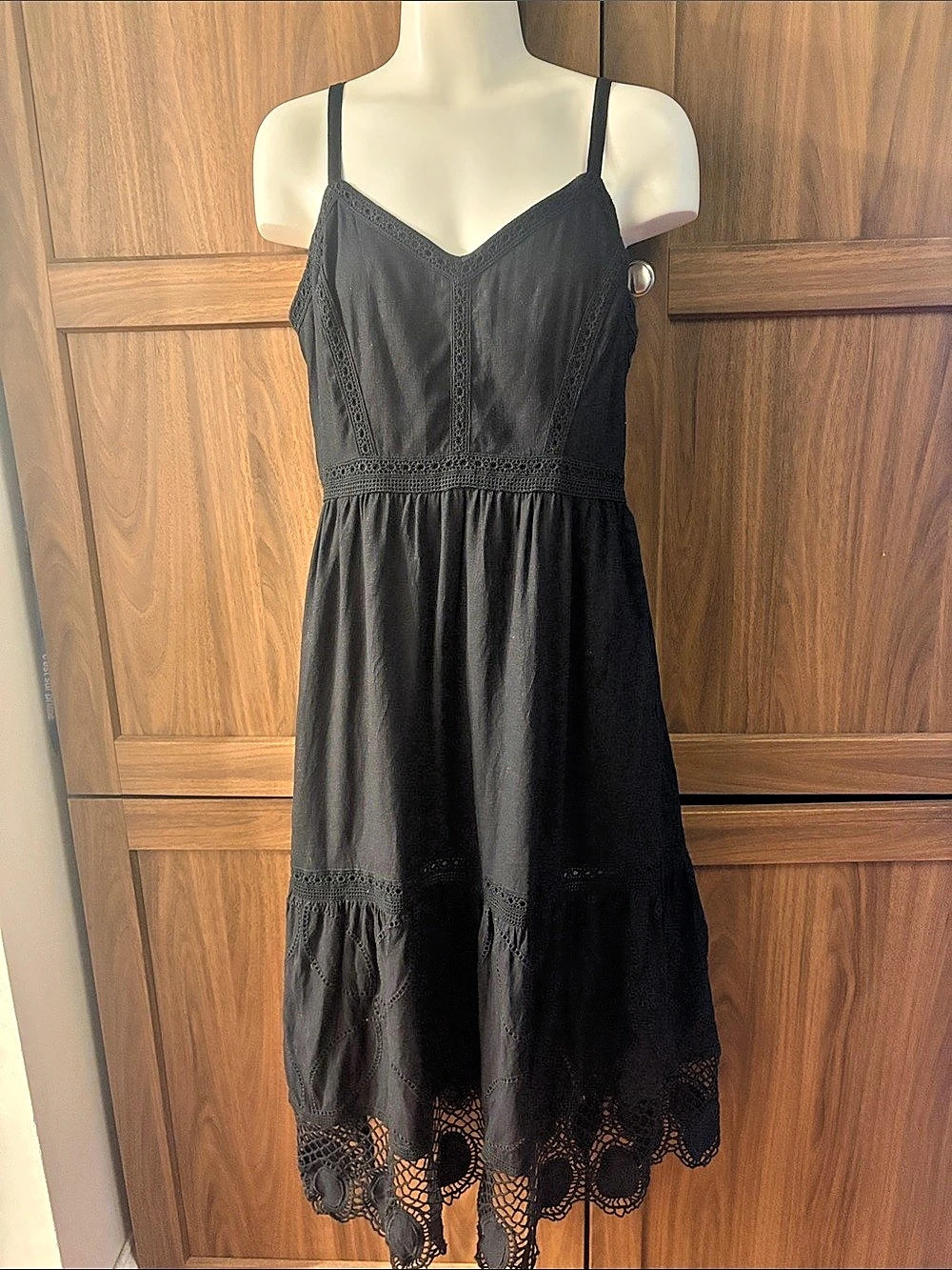 LOFT Black Eyelet Cami Midi Dress Black Size 0P NWT